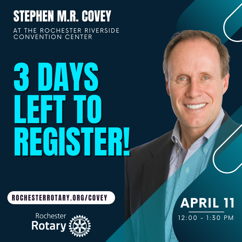 RochesterRotary's tweet photo. There are only a few days left to register for the Stephen M.R. Covey event on Tuesday, April 11th. Stephen will be speaking on his new book "Trust &amp; Inspire" this is a great event for your company!

Visit https://t.co/ROjub7VkoY to register by April 1st. https://t.co/lPzUgOhmEU