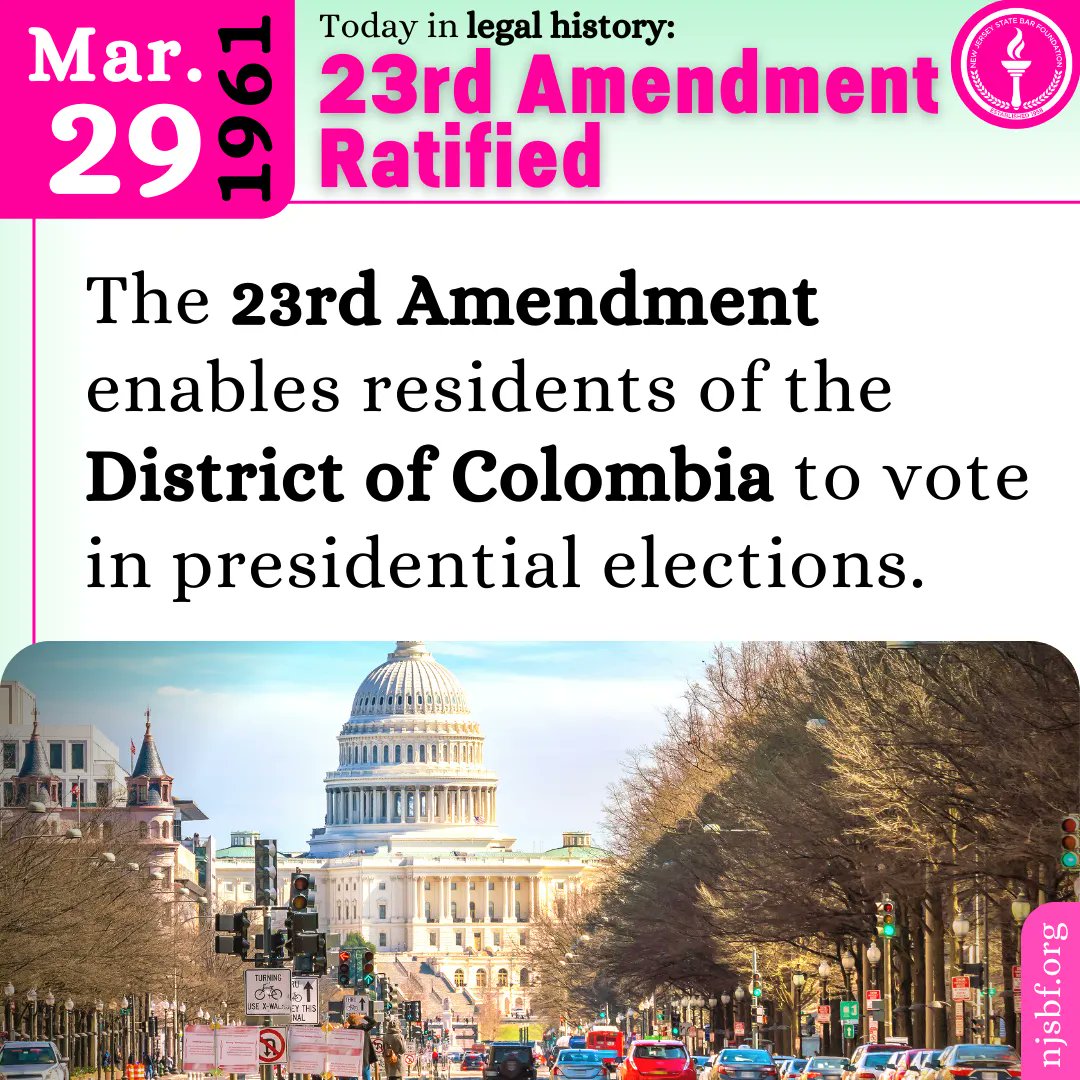 #OnThisDay in 1961, the 23rd Amendment was ratified.
For engaging articles on legal history, browse our Informed Citizen blog: njsbf.org/blog/the-infor…
#NJSBF #WashingtonDC #DC #23rdAmendment #History