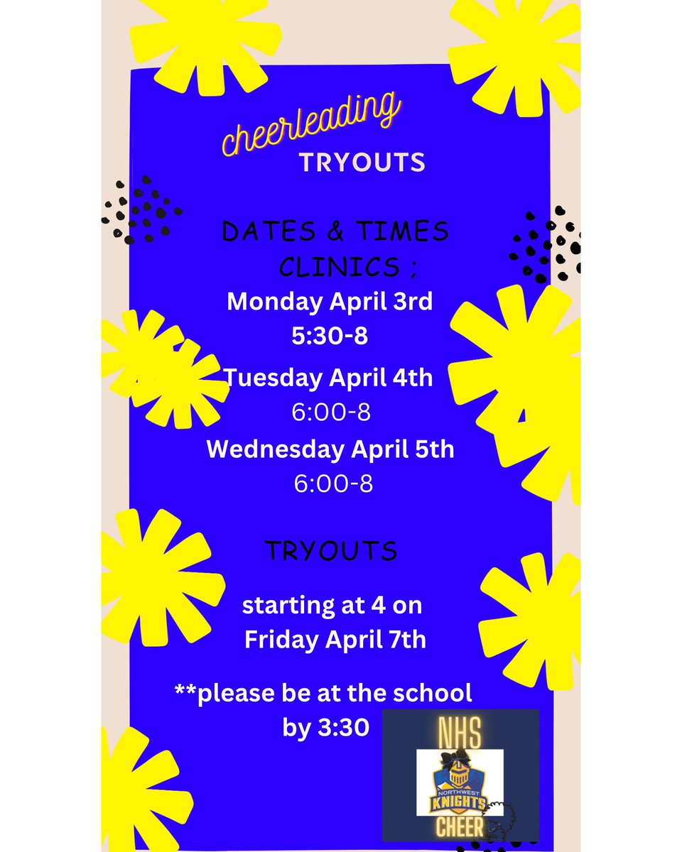 CheerNWHS's tweet photo. Tryouts will be next week, please reach out to cheernwhs@gmail.com if you have any questions/ couldn’t make the parent meeting 💙 https://t.co/18OYI86K8K