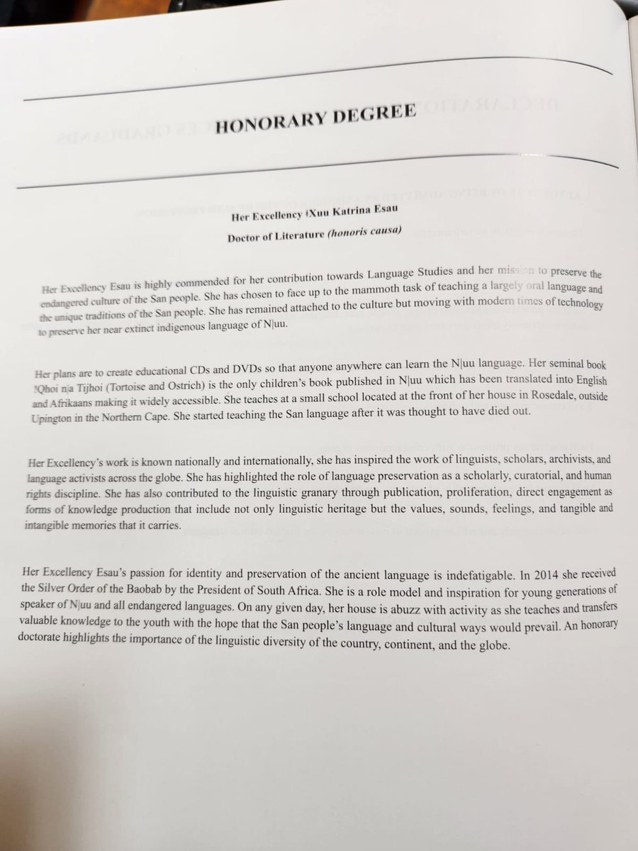 PanSALB's tweet photo. [BIG NEWS] @UCT_news today acknowledged Ouma Katrina Esau’s efforts to preserve the endangered N|UU of the Khoi and San languages by awarding her with an honorary doctorate in literature. PanSALB congratulates Ouma Katrina on her well-deserved achievement @SportArtsCultur https://t.co/mAkkGgMCP5