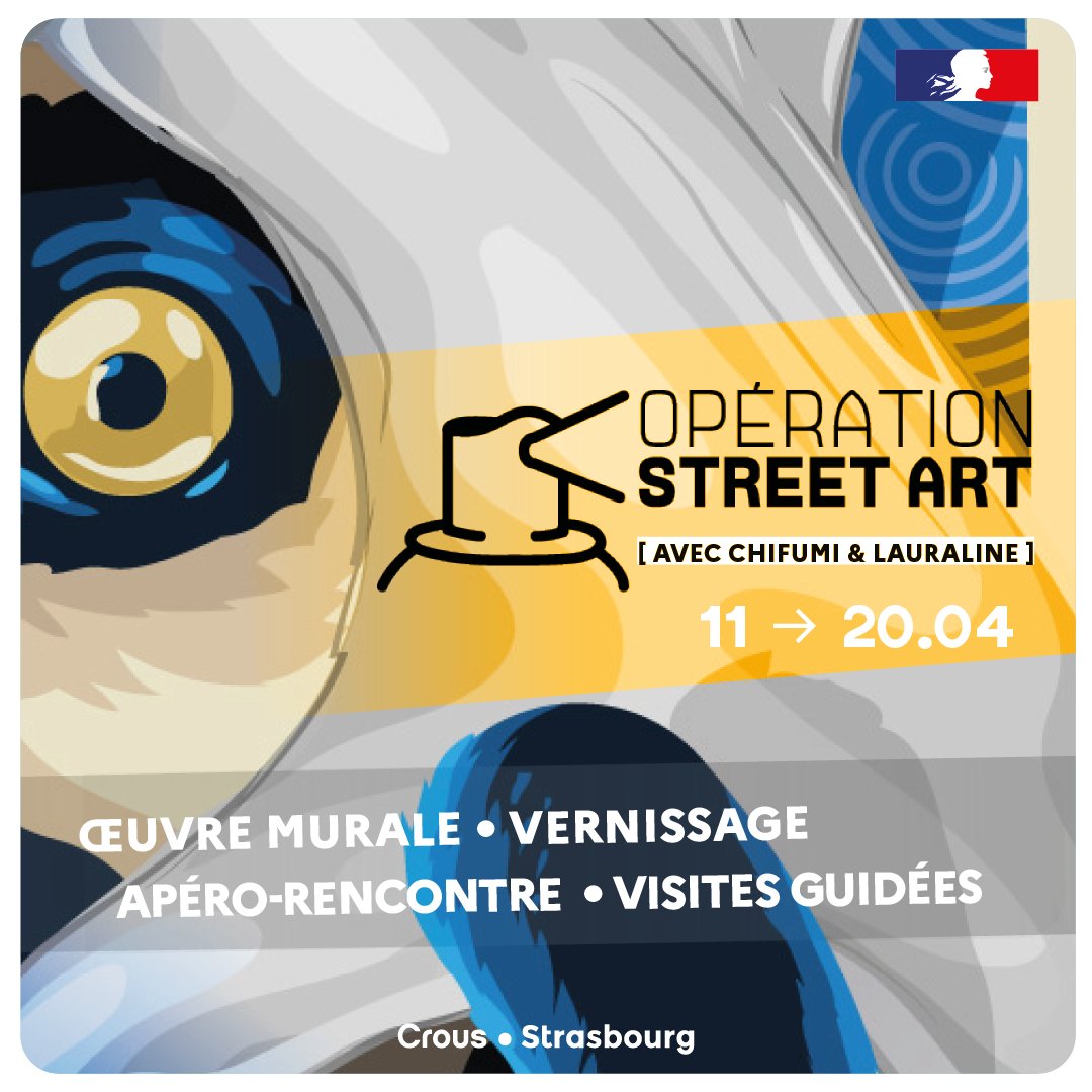 Le #StreetArt s'invite au Crous du 11 au 20 avril 🎨

👀 Œuvre murale géante, rencontres avec les artistes, visites guidées dans le quartier européen avec <a href="/StrasEtudiants/">Strasbourg♥Étudiants</a> et <a href="/ColorsUrbanArt/">Colors Urban Art</a> : vivez plusieurs temps forts !

Programme et inscriptions 👉 bit.ly/3LXKPpE