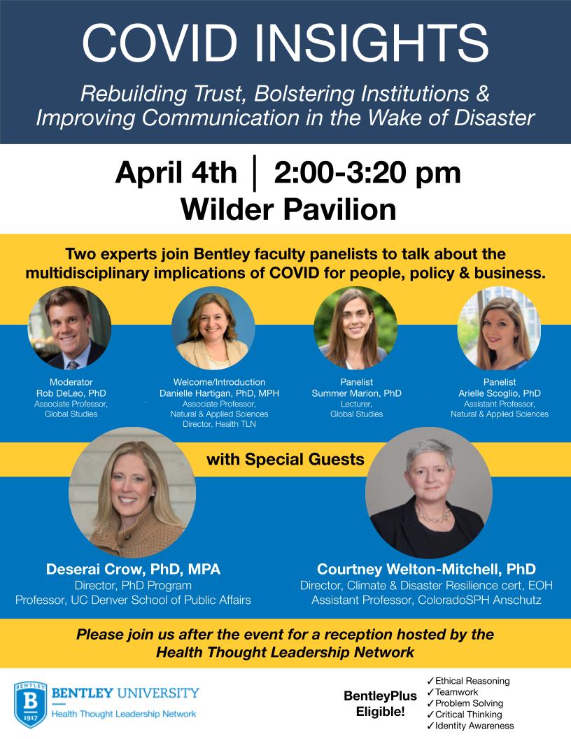 HTLN members <a href="/summermarion/">Summer Marion</a> &amp; <a href="/ArielleScoglio/">Arielle Scoglio, PhD</a> join expert panelists <a href="/deseraicrow/">Deserai Anderson Crow</a> &amp; <a href="/CourtneyWM/">Courtney Welton-Mitchell</a> to discuss how the #Covid19 #pandemic affected the areas of #institutional trust, US &amp; int'l #policymaking, #mentalhealth, #moralinjury &amp; more. Reception after event!