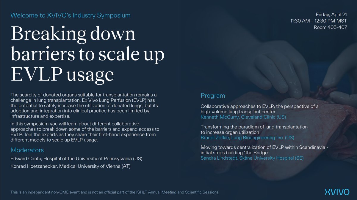 Breaking down barriers to scale up EVLP usage Listen to Drs. Kenneth McCurry, Sandra Lindstedt & Brandi Zofkie at #ISHLT2023 when they share #EVLP experiences at XVIVOs industry symposium. April 21, 11:30 AM -12:30 PM (MST) Room 405-407 #transplant #extendinghorizons #lung