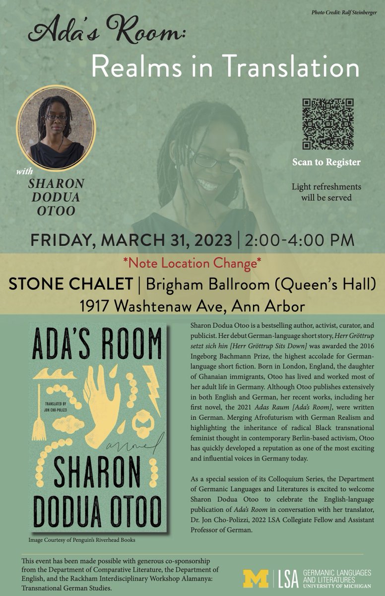 Looking forward to welcoming Sharon Dodua Otoo to Ann Arbor on Friday, hosted by our colleague and her translator, @jp0lizei (in person event only; note new location).