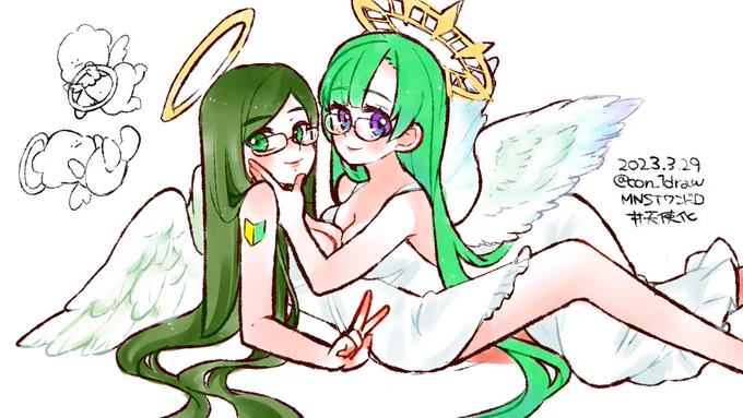 #モンスト深夜のお絵かき60分一本勝負 天使化(似てるので)姉妹だと思ってます 
