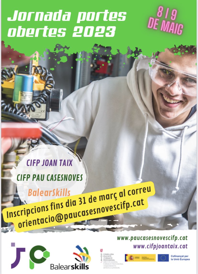 cifpjoantaix's tweet photo. 👏🏼Arriben les Jornades de Portes Obertes al CIFP Joan Taix de Sa Pobla! 

📅Us esperam els propers dies, 8 i 9 de maig! 

✍🏼 Inscripcions: orientacio@paucasesnovescifp.cat https://t.co/hCxVJsvTtC