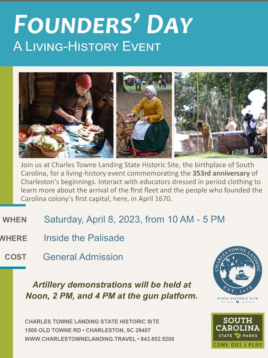 SC_State_Parks's tweet image. MARK YOUR CALENDAR for the Founders' Day Festival at Charles Towne Landing.  Sat, April 8, 10 a.m. to 5 p.m.  Details below! fal.cn/3wYsV