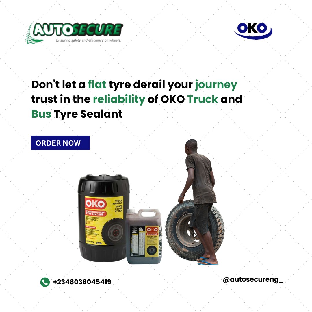 AutoSecureng's tweet photo. Planning a long journey? Don't let a flat tyre ruin your trip! Trust in the reliability of OKO Truck and Bus Tyre Sealant to keep you moving forward. With its innovative formula, OKO seals puncture instantly and last for miles, giving you peace of mind on the road.

#roadTrip https://t.co/SWTyeopwvB