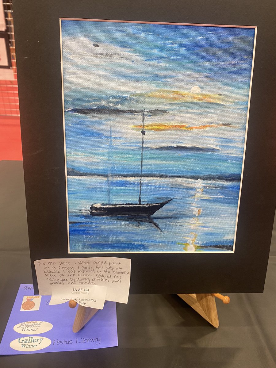 EmilyClonts's tweet photo. These kids dominated the 8th grade division of the Mastodon Art Fair!  Arianah Lucas’s chameleon won 1st place, Maliah Byas’s sailboat painting won 3rd place AND the $50 cash prize, and Mackenzie’s landscape painting was a gallery winner to be displayed at Mastodon State Park. https://t.co/9MiYr72Kzr