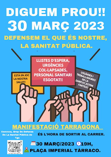 CUP_Sanitat's tweet photo. 🗓️Demà 30 Març hem de ser moltes a Tarragona! 
⏰19H  a la 📍Plaça imperial Tarraco

PER RECUPERAR I DEFENSAR LA NOSTRA SANITAT PÚBLICA!!  

Recuperem la nostra sanitat en mans de les dobles xarxes i de les mútues i hospitals privats finançats amb diners públics.

#ForaPrivada https://t.co/1eVCybat5o