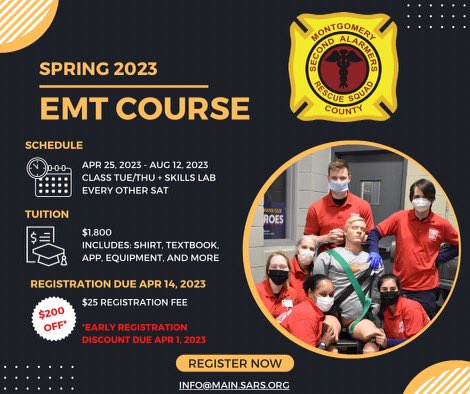 SecondAlarmers's tweet image. Our next #EMT class is just around the corner! 
Early registration ends 4/1 to get a $200 discount on tuition. Email info@main.SARS.org for your registration packet &amp;amp; to reserve your seat!
sars.org/training

Retweets appreciated! 
#EMTClass #MontcoPA #CourseAnnouncement