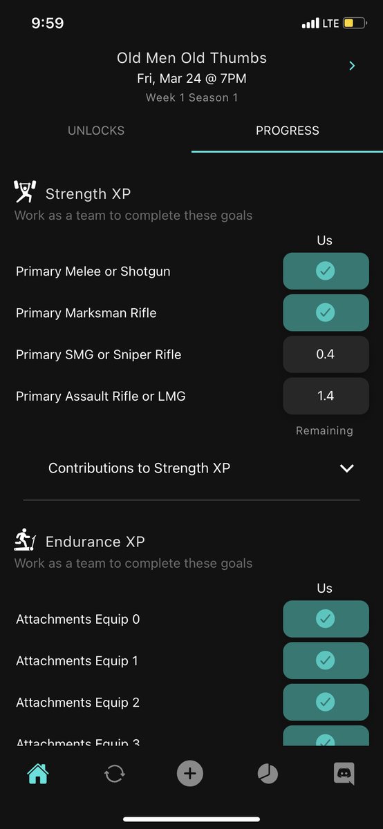 XP_buff's tweet photo. We've got a league of mostly veterans using warzone as a fitness hack. 

You gotta work out to unlock custom load outs for your team. 

The RG Warzone guys want the other players's workouts to matter, so they're taking a major handicap - every point they earn is cut in half. https://t.co/CqKWvuUJN1