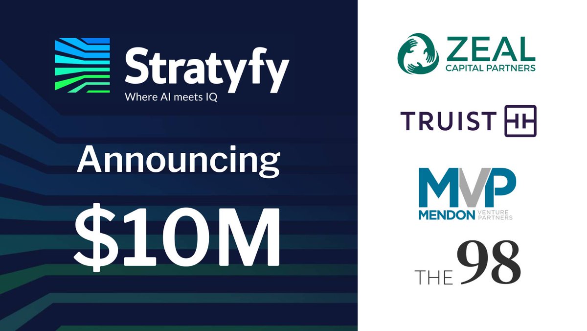 StratyfyInc's tweet photo. We're proud to announce our latest $10M in funding from top investors including @ZealVC, @TruistNews, Mendon Venture Partners, and the 98. 

With their backing, we're reshaping the future of finance 🚀

https://t.co/K4KBl1JQ1p https://t.co/XoNrMb1eOc