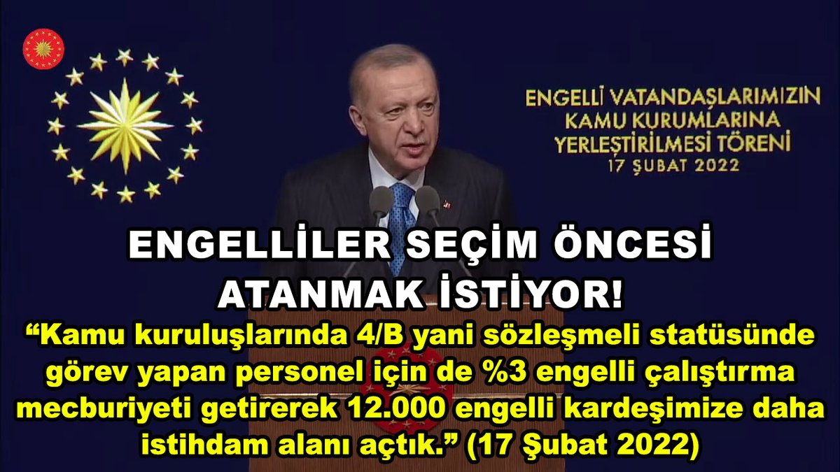 Engelli memur
Engelli öğretmen 
Engelli sağlıkçı
Engelli diyetisyen
Engelli bireyler 12000 atama bekliyor.
Artık atanmak ve çalışmak istiyoruz.
<a href="/RTErdogan/">Recep Tayyip Erdoğan</a> <a href="/fuatoktay/">Fuat Oktay</a> <a href="/deryayanikashb/">Derya Yanık</a> <a href="/vedatbilgn/">Vedat Bilgin</a> <a href="/drfahrettinkoca/">Dr. Fahrettin Koca</a> <a href="/prof_mahmutozer/">Mahmut Özer</a> <a href="/suleymansoylu/">Süleyman Soylu</a> <a href="/tcbestepe/">T.C. Cumhurbaşkanlığı</a>
#AtanamayanEngelliyeMüjde