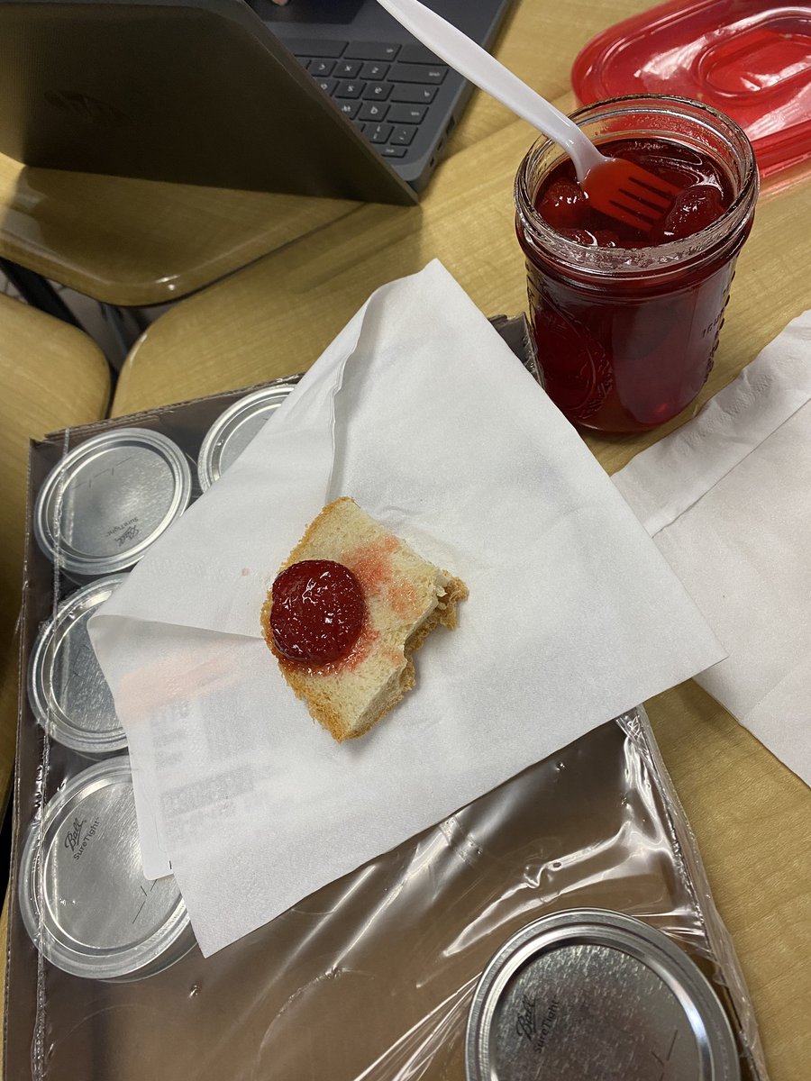 Fresh bread and fruit preserves made by a student! I must teach more plays with food symbolism! Which play is this one? 😃🎭🍒