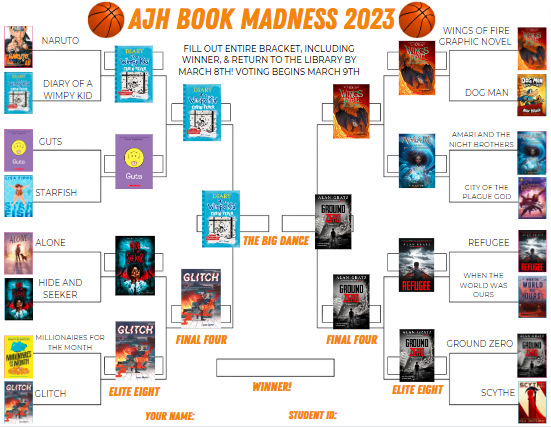 AdamsJHLibrary's tweet photo. Diary of a Wimpy Kid vs. Ground Zero! Which will be AJH's Book of 2023? Cast your vote by going to the library Canvas page or scanning the QR code in the library. 
#alwaysbeaviking https://t.co/vXqbt9zlT6