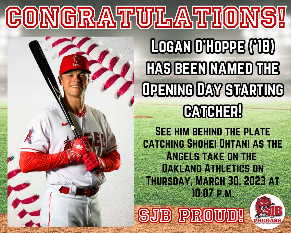 Logan O'Hoppe ('18) has been named the Opening Day Starting Catcher for the Los Angeles Angels! O'Hoppe will be the youngest Angels catcher to start Opening Day. See him catching Shohei Ohtani as the Angels take on the Oakland Athletics on Thursday, March 30, 2023 at 10:07 p.m.