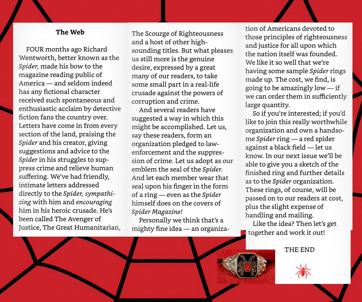 HeroesUnited_4's tweet photo. 🕷️#TheSpider - #MasterOfMen -After the end of The Spider #4: City of Flaming Shadows (January 1934) by Grant Stockbridge... postscript on 🕸️"The Web"...🕷️🕸️ -on The Spider Richard Wentworth "Avenger of #Justice" - "crusade against the powers of corruption and crime" - Spider Ring https://t.co/wboDAbUadw
