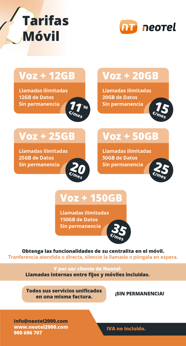 neotel2000's tweet photo. Tarifas móvil: Voz + 12GB 11,90 €/mes :: Voz +20GB 15 €/mes :: Voz + 25GB 20 €/mes :: Voz + 50GB 25 €/mes :: Voz + 150GB 35 €/mes
Obtenga las funcionalidades de su centralita en el móvil. 
https://t.co/e1ndPUjfQx
#tarifasmovil #Neotel #movil https://t.co/zOsEYJT8n6