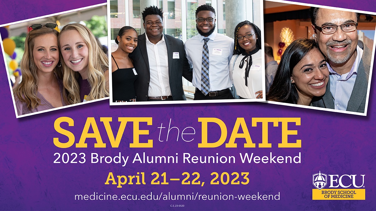 ECUBrodySOM's tweet photo. Brody Alumni Reunion Weekend ‘23 registration is open! Join us for recognition and celebration! Register by 4/8 at https://t.co/1OUW45DhX3 https://t.co/rweslME63K