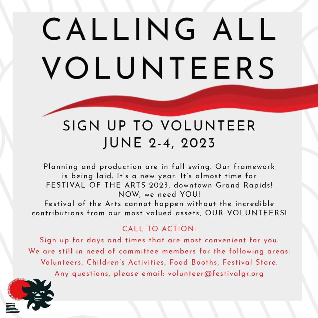 𝗖𝗮𝗹𝗹𝗶𝗻𝗴 𝗔𝗹𝗹 𝗩𝗼𝗹𝘂𝗻𝘁𝗲𝗲𝗿𝘀

Sign up to Volunteer for Festival of the Arts 2023

Find days and times that are convenient for you or your group. 

Pick your shift and time here! signupgenius.com/tabs/83c74df05…

Any questions, please email: volunteer@festivalgr.org