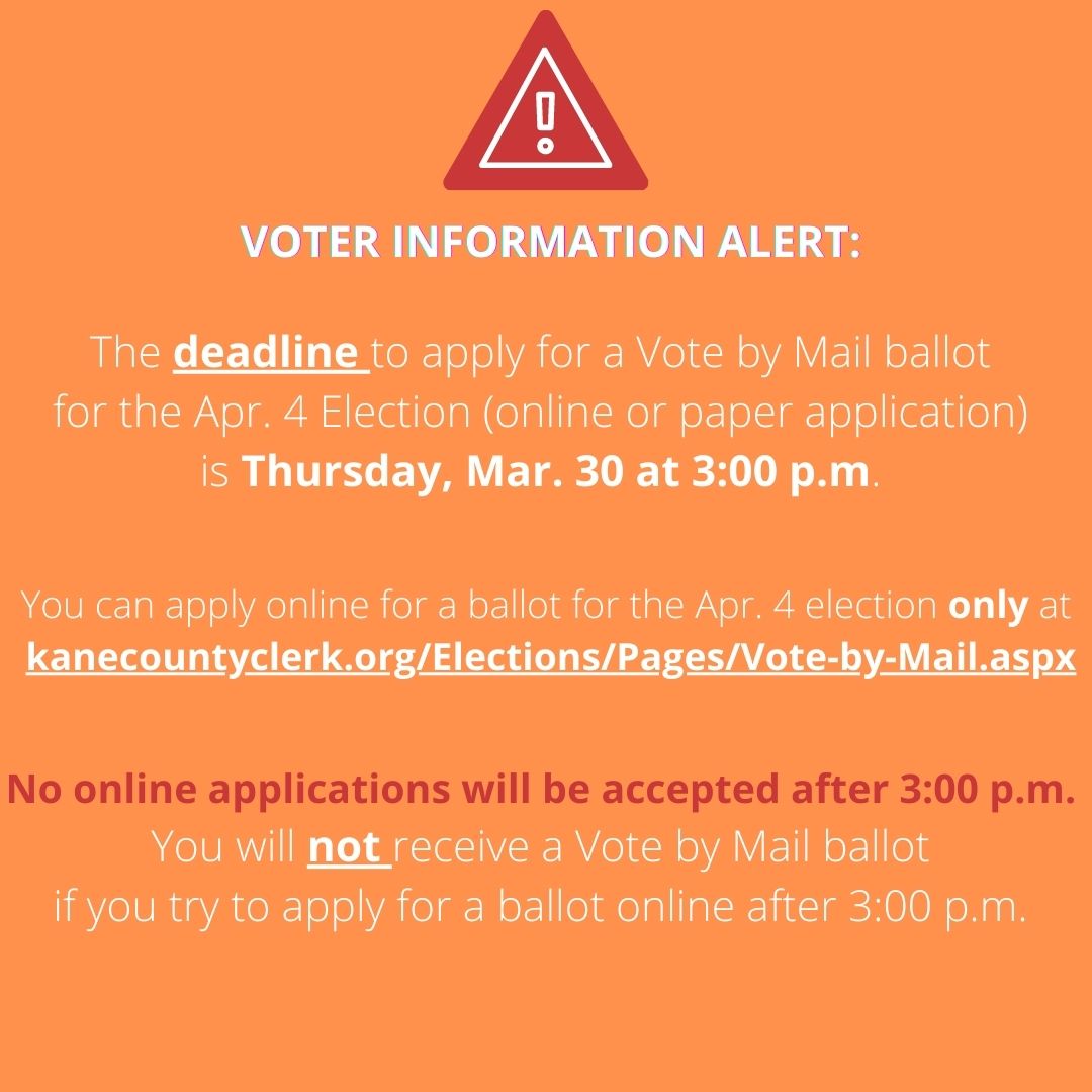 Planning to #VotebyMail in the Apr. 4 election? More than 8,400 #KaneCounty voters have already returned their VBM ballots, a record for a Consolidated Election. If you haven't already applied for a VBM ballot, the deadline is TOMORROW at 3pm. Learn how: kanecountyclerk.org/Elections/Page…