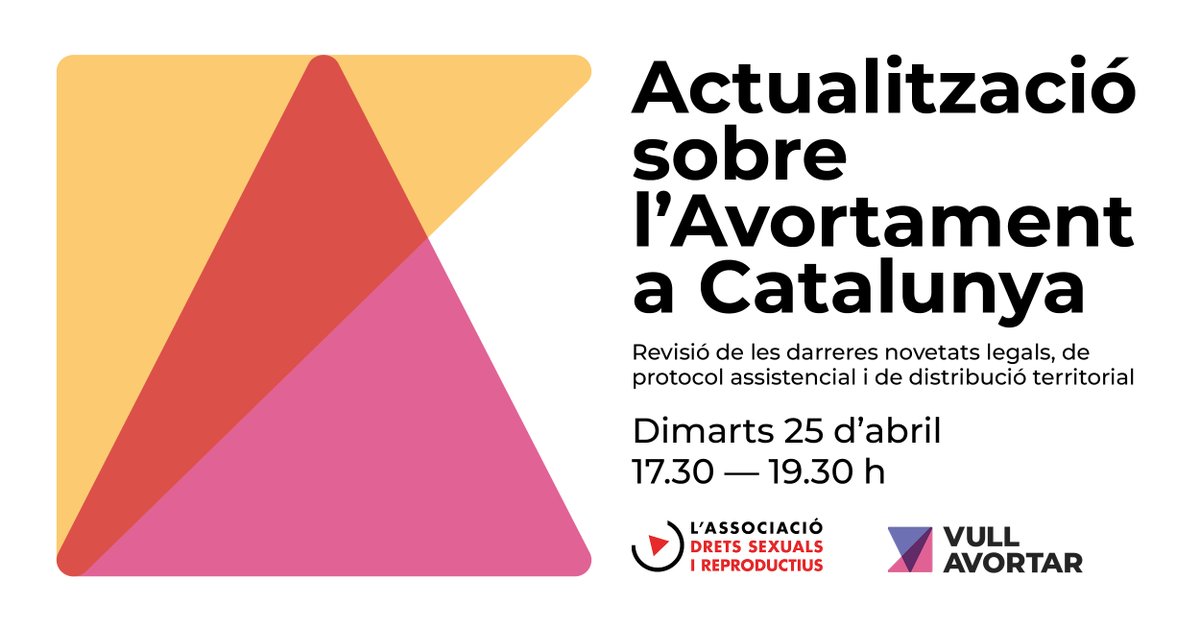 💻 Webinar. Actualització sobre l'Avortament a Catalunya. Revisió de les darreres novetats legals, de protocol assistencial i de distribució territorial.

Dimarts 25 d'abril a les 17.30 h

🟡 Més informació i inscripcions:
vullavortar.org/actualitzacioa…