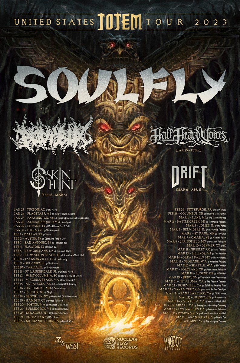 MetalTitans's tweet photo. .@TheSoulflyTribe
#THEUNITEDSTATESTOTEMTOUR2023
With: #Bodybox
Today: 3/29 Teragram Ballroom - Los Angeles, CA
3/30 Glass House Concert Hall - Pomona, CA
3/31 Music Box - San Diego, CA
4/1 The Marquee Theatre - Tempe, AZ https://t.co/tGtXoAccie