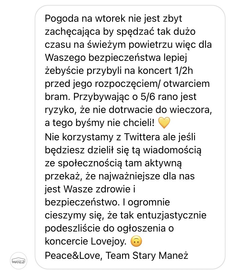 apvracion's tweet photo. Widziałam wiele tweetów, na temat kolejkowania. Ze względu na wasze zdrowie i bezpieczeństwo, prosimy, nie przychodźcie o skrajnie wczesnych godzinach, dla każdego znajdzie się miejsce. Poniżej wiadomość od Starego Maneżu :]] #LovejoyWarsaw #lovejoywarszawa #lovejoygdansk https://t.co/w45f5r8IwQ
