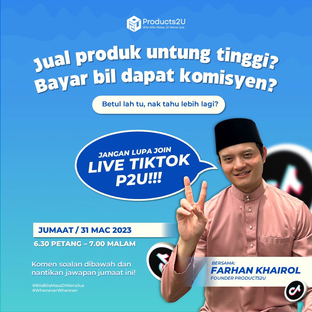 Products2You's tweet photo. Jom join live di TikTok kami pada hari Jumaat ini pada pukul 6.30 PM - 7 PM! 

Kalau korang ada soalan, suggestion, atau apa-apa yang korang nak cakap dengan kitorang, boleh comment kat bawah ni atau DM je kami! https://t.co/Ten10OpEsA