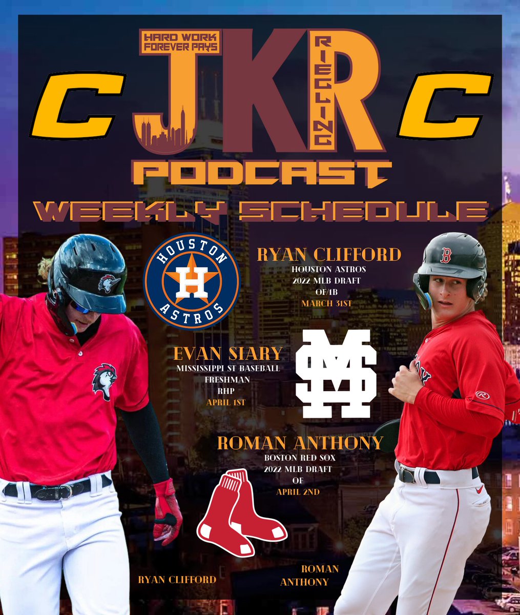 JKR Baseball (@JkrPodcast) on Twitter photo 2023-03-29 14:26:16 βΌοΈ CANES BASEBALL WEEK FIVEβΌοΈ @TheCanesBB Series π΄ Houston Astros 1B/OF Ryan Clifford @ryanclifford21 π Mississippi St Freshman RHP Evan Siary @SiaryEvan π΄ Boston Red Sox OF Roman Anthony @roman_anthony13 π§ Apple Podcast & Spotify βΌοΈ CANES BASEBALL WEEK FIVEβΌοΈ @TheCanesBB Series π΄ Houston Astros 1B/OF Ryan Clifford @ryanclifford21 π Mississippi St Freshman RHP Evan Siary @SiaryEvan π΄ Boston Red Sox OF Roman Anthony @roman_anthony13 π§ Apple Podcast & Spotify