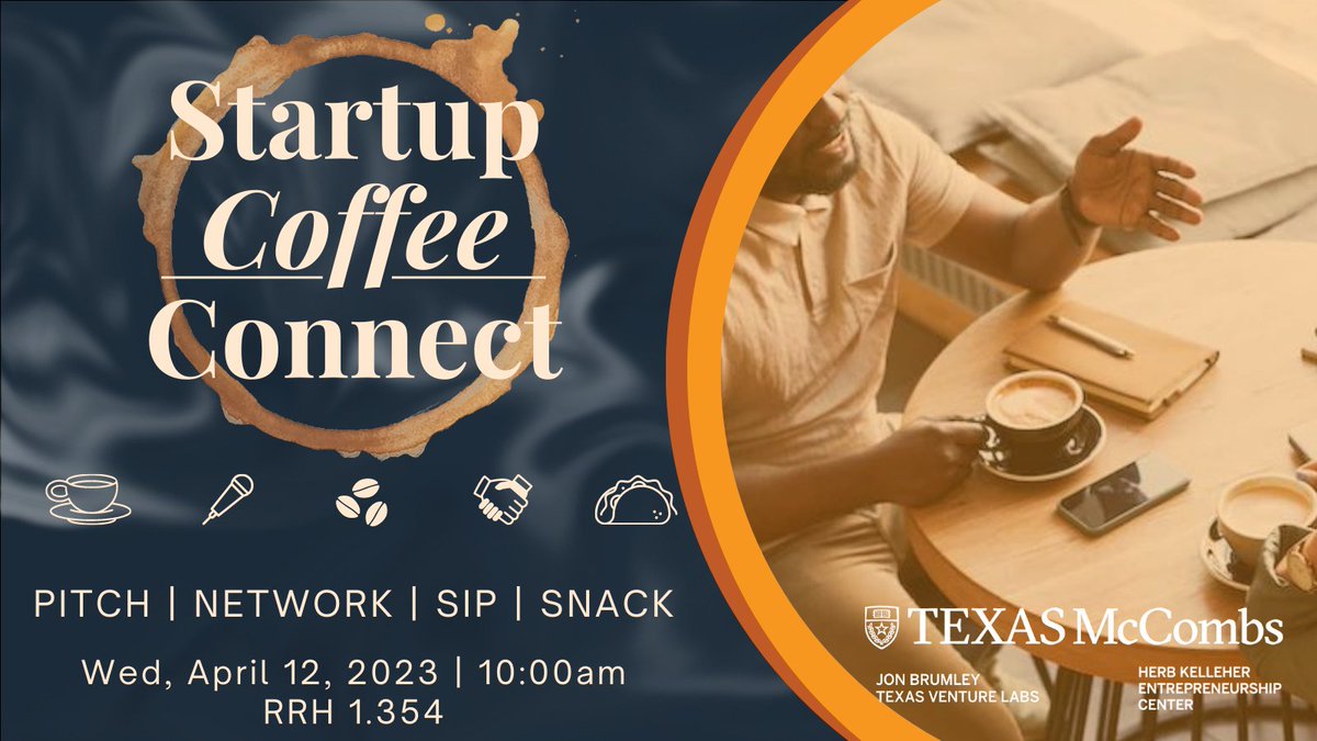 It's the last Startup Coffee Connect of the semester! Join the HKEC and <a href="/TXVentureLabs/">Texas Venture Labs</a> on April 12th at 10am for free breakfast tacos, coffee, and networking!
RSVP today: bit.ly/aprilcoffeecon…

#whatstartsuphere #texasentrepreneur