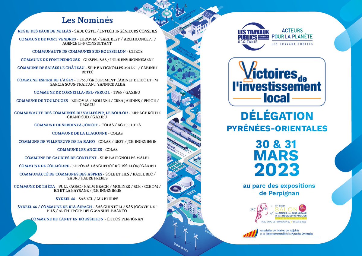 [#VIL2023] 📣 La remise des Victoires de l'Investissement Local des P.-O. se déroulera lors de la 11e édition du Salon des Maires, des élus locaux et des décideurs publics des P.-O. @AMF66 
🌟20 nominations
🗓️ jeudi 30 mars  
⏰ à 17h15  
📍au Parc des Expositions de #Perpignan