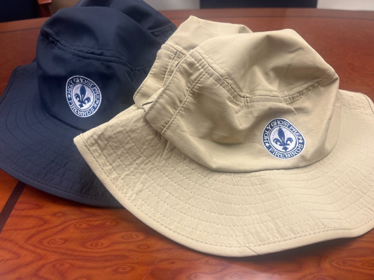 HolyGhostPrep's tweet photo. We have two words for you: Bucket hats. Yes, the @HolyGhostPrep bucket hats have arrived (in tan or blue, whichever works for you). Store is open tomorrow and next Tuesday from 11 a.m. till 1 p.m.  #ThinkBucketHats #ThinkSummer #ThinkGhost https://t.co/m3kVhfmDQC
