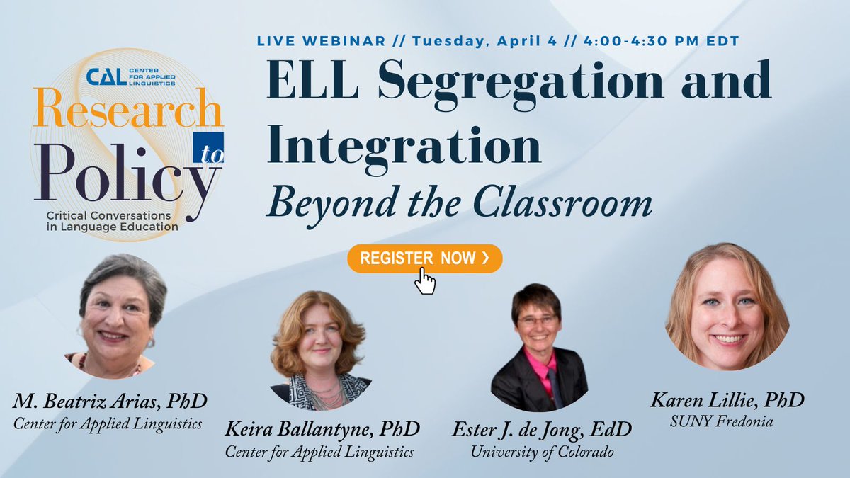 Join us! 🙂
We are pleased to be kicking off  the new year of our webinar series Research to Policy: Critical Conversations in Language Education.  ELL Segregation and Integration: Beyond the Classroom will be an exciting conversation.

Register today!
us06web.zoom.us/webinar/regist…