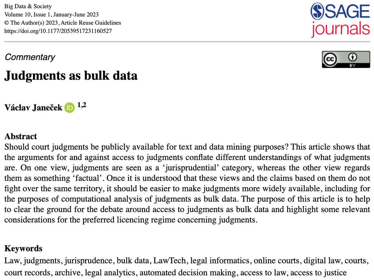 Should court judgments be publicly available for text and data mining purposes? Check out Václav Janeček’s (@DrVenca) commentary ! buff.ly/3Ftnubk #Law #bulkData #LawTech #legalInformatics #onlineCourts #digitalLaw #legalAnalytics #accessToLaw #accessToJustice