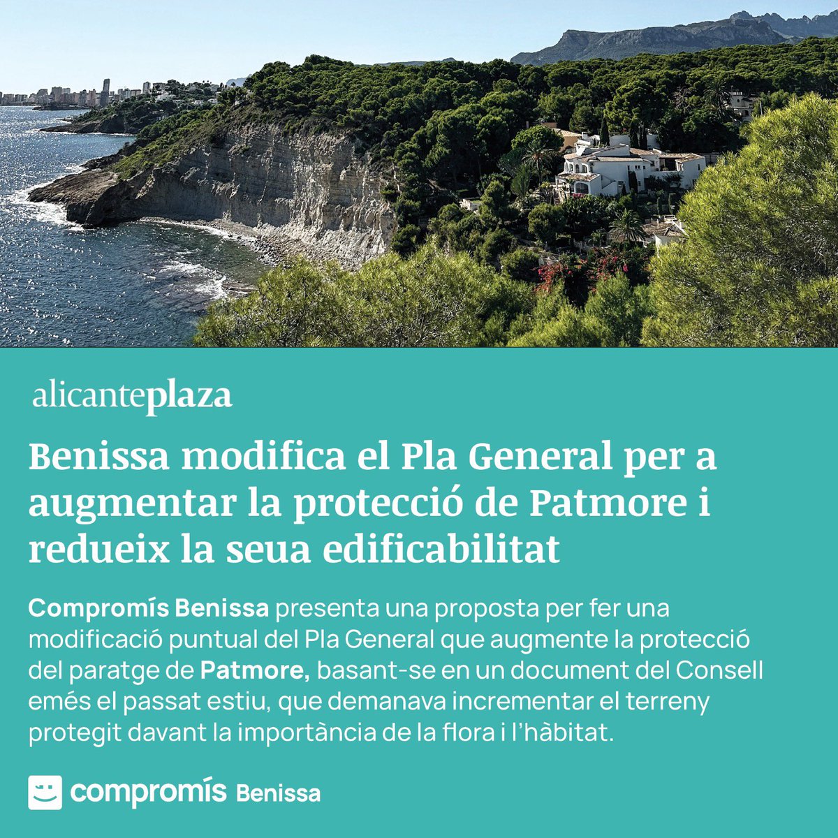 CompromBenissa's tweet photo. Ho tornem a aconseguir! 🙌🏼
Ahir vam presentar una #proposta per fer una modificació puntual del #PlaGeneral i protegir la zona de #Patmore🌳
👉🏼Espoiler: va ser aprovada 👏🏼
Hem reduït l’edificabilitat en l’única zona verge que ens queda a #Benissa 🌿
📲https://t.co/O3rfMEpvrR https://t.co/U1SFNKjnK1
