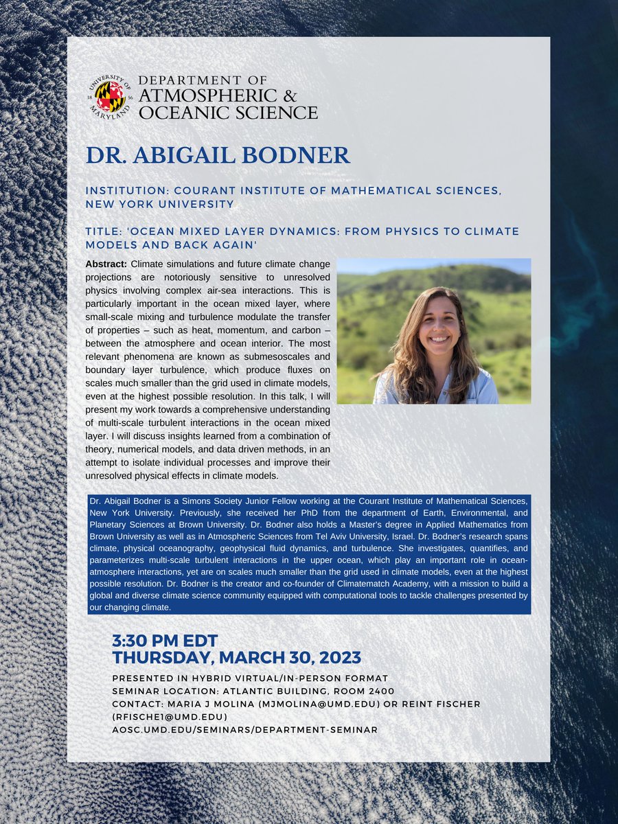 Excited to welcome @abigailbodner to @AOSC_UMD tomorrow! Looking forward to a guided tour through processes spanning >8 orders of magnitude using GFD, models, and ML :)