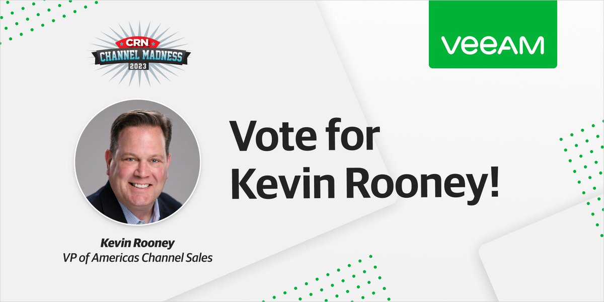Veeam's tweet photo. It’s time for the Enterprise 8. #Veeam’s Kevin Rooney has advanced to the quarterfinals of the @CRN Channel Madness Tournament of Chiefs! Let’s help #TeamRooney get the win—Submit your votes by Thursday, March 30th at 12 p.m. ET. https://t.co/R4nGiWUWoL https://t.co/SlCWs5cTrd