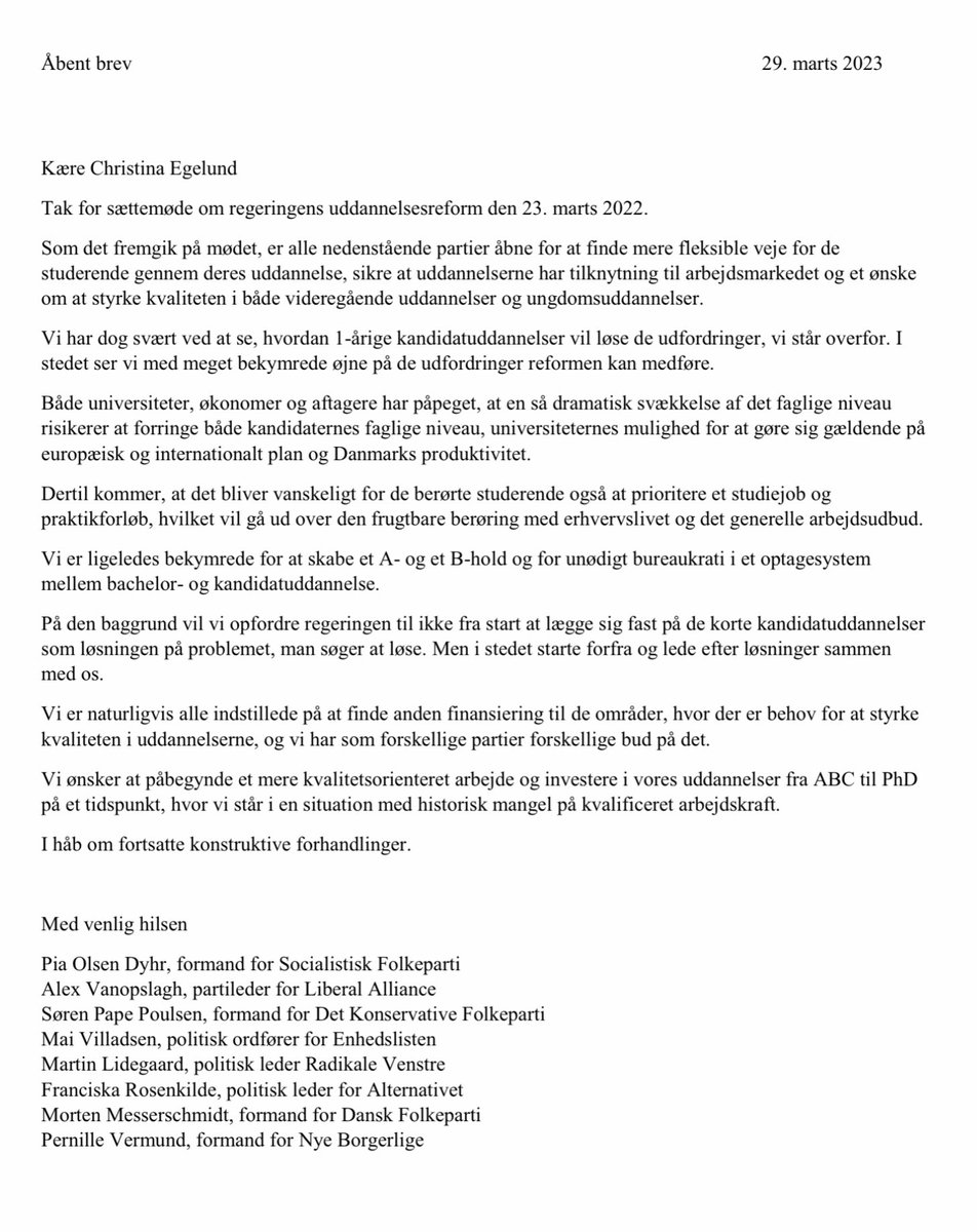 8 partier siger nej til regeringens 1-årige kandidatuddannelser. #uddpol #dkpol