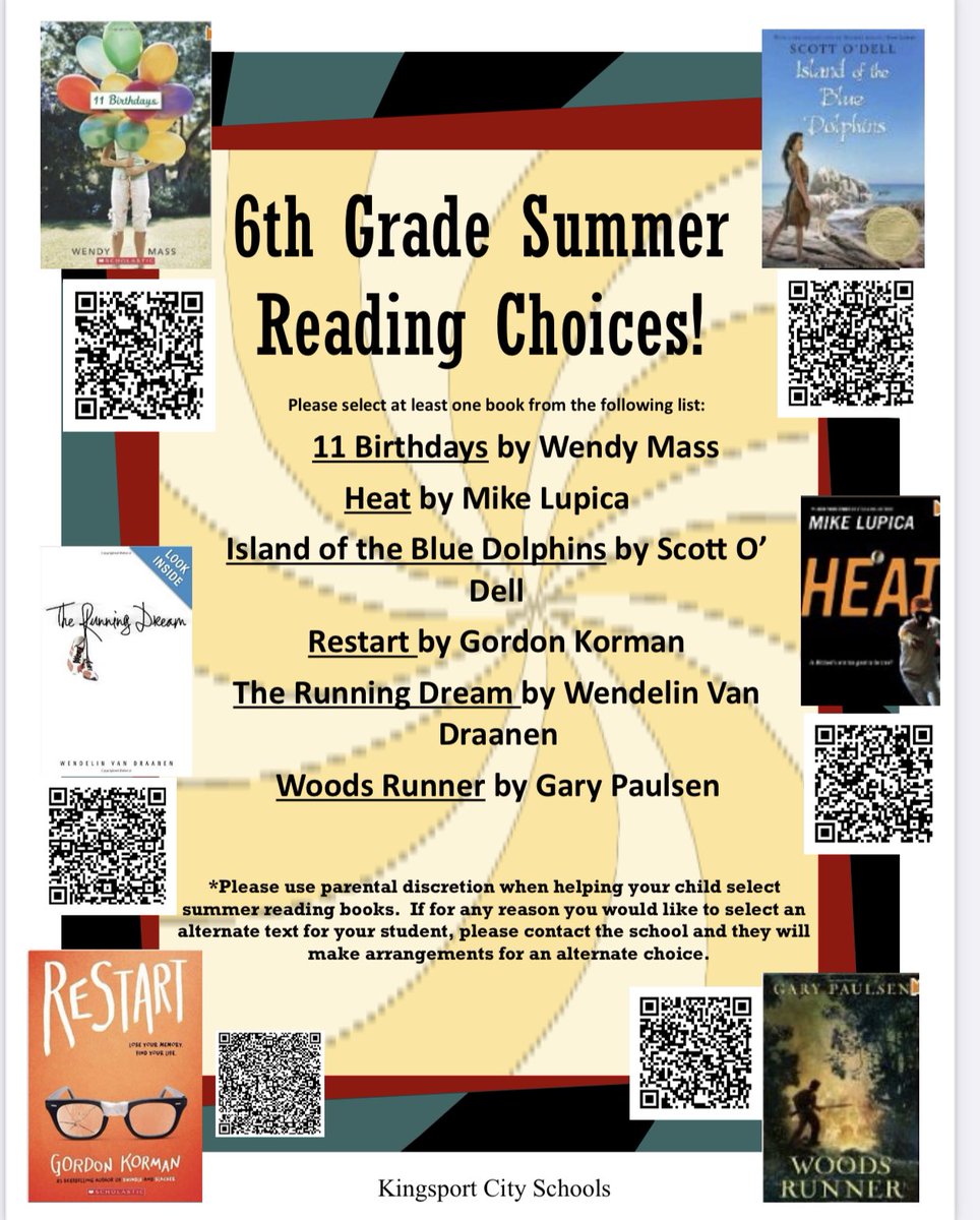 KCS_Sevier's tweet image. Summer Reading have been released! Rising Students select a book to read from the new grade level over the summer. Sevier Library has copies to checkout, books can be found on SORA, at the Kingsport Public Library, or book seller of your choice. Happy Reading!!! @Sevier_Library
