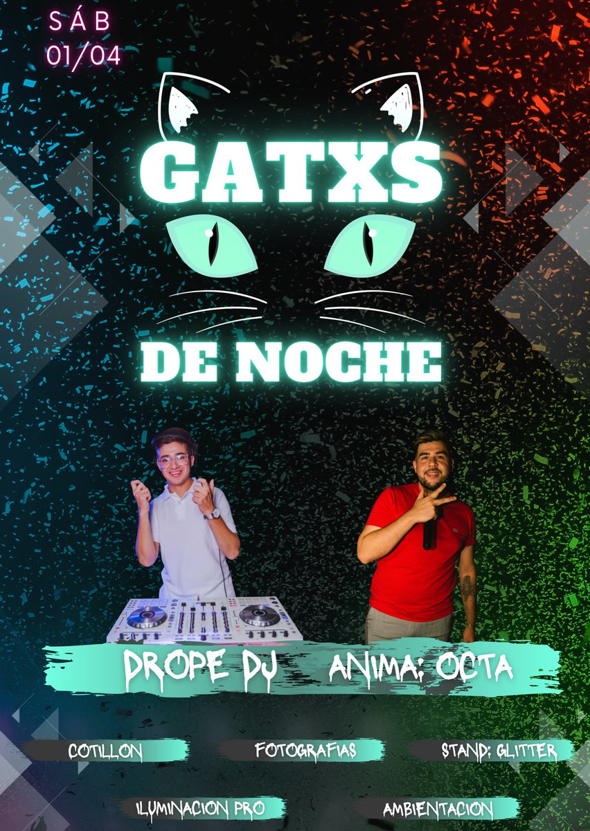 BarFarras's tweet photo. Sábado hay fiesta! Vuelve @somos_fiesta25 🔥 
GATXS DE NOCHE 😼 una edición con muchas novedades para que solo disfrutes 🤩 
Vamos a bailar todos los géneros a cargo de @Dropellanten 🎧 la animación de @octa 🎤
Capturando los mejores momentos Valen Retamales 📸 https://t.co/mjlq4tEjQq