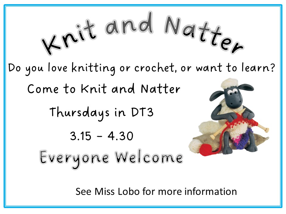 HighdownDT's tweet photo. Knit and natter starts again after Easter! Sign up details are in this week's newsletter https://t.co/s5DwfffTfn