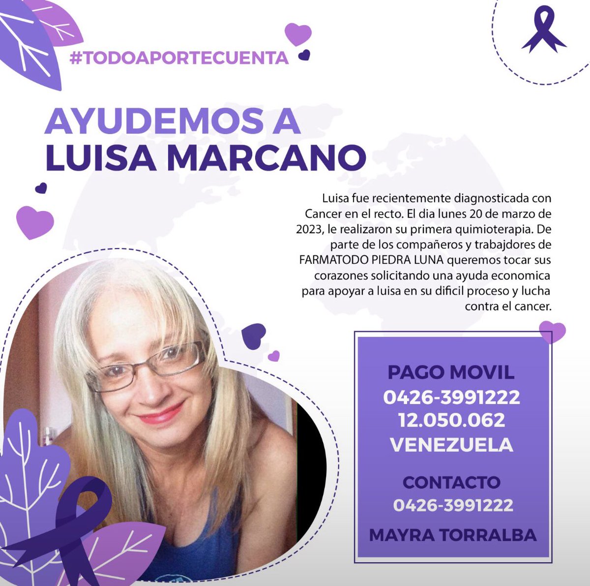 Lisibel_'s tweet photo. Ella es mi tía Luisa Marcano, le diagnosticaron Cancer en el recto y necesita realizarse 30 Radioterapia que tienen un costo muy elevado de 7.000$ ayudemos a Luisa a ganar su batalla contra el Cáncer @CotoWolfgang  por favor 🙏🏻 https://t.co/TOhqXgXcEd
