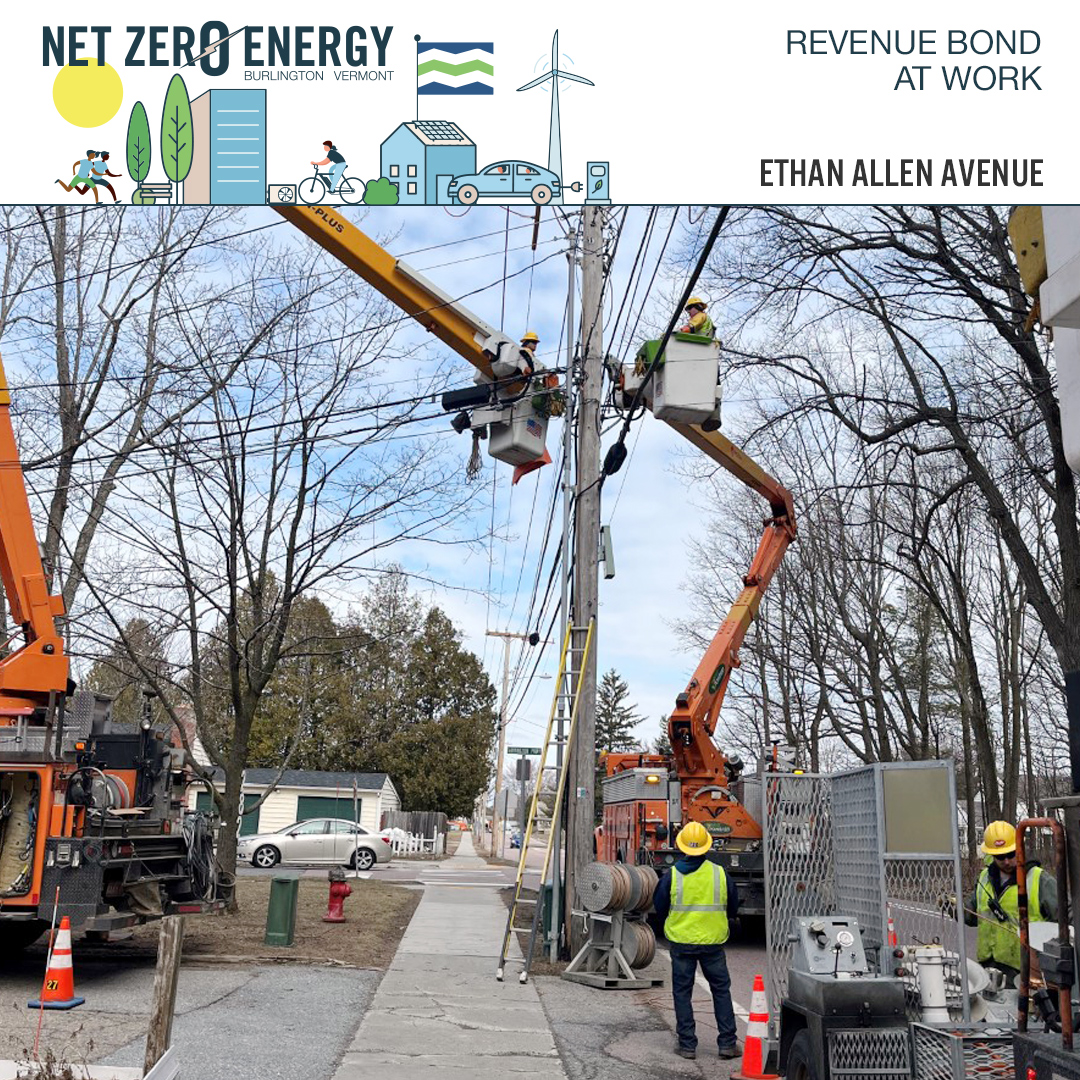We are putting the #NetZeroEnergy Revenue Bond to work for you! Here is our crew pulling in new conductors on Ethan Allen Avenue. The larger the conductor, the more load we can handle as we achieve our Net Zero Energy goals. #nzerb #btv #burlingtonvt #publicpower