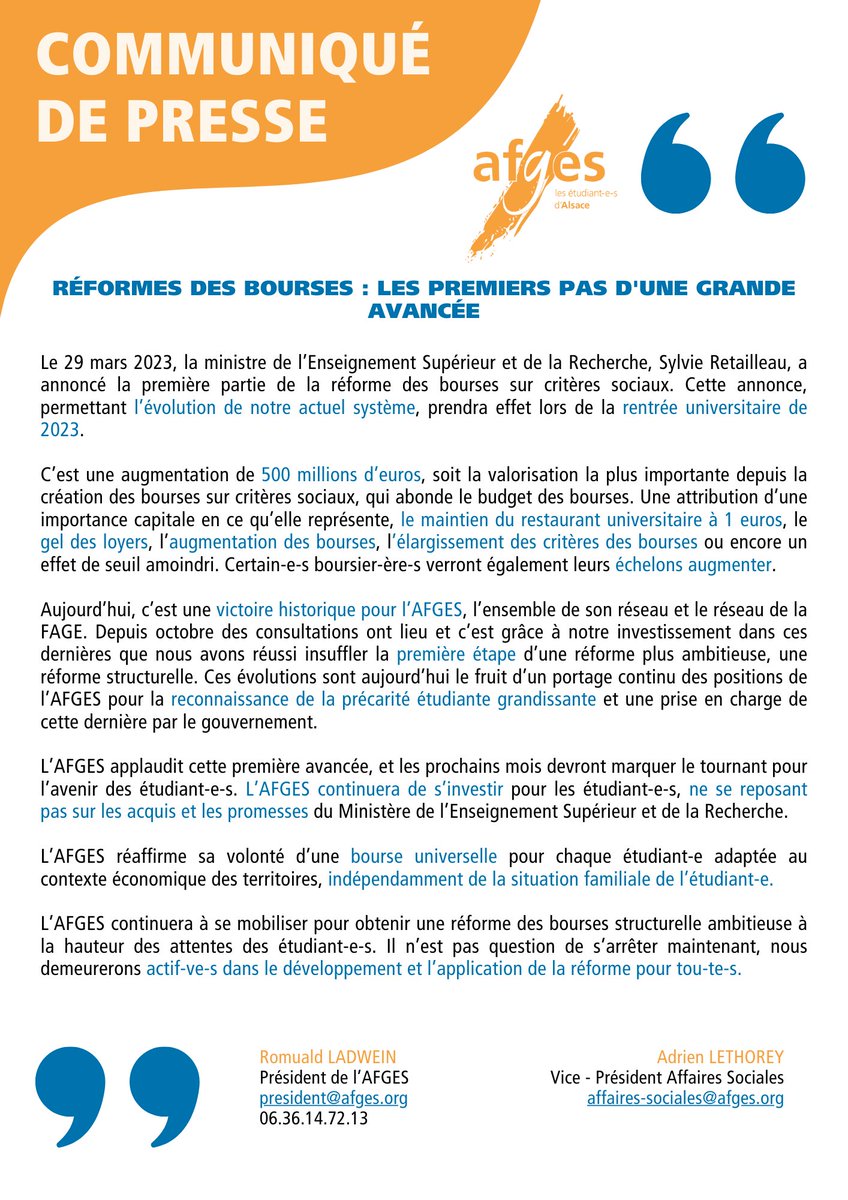 #RéformeDesBourses | Victoire de l'AFGES 📢

➕35 000 étudiant-e-s vont devenir boursier-ère-s
📈Revalorisation de toutes les bourses
👉 140 000 boursiers basculent à l'échelon supérieur
🎯Suppression partielle de l'effet de seuil
🟰 Gel du RU (1€ et 3€30) 
🟰 Gel loyers CROUS