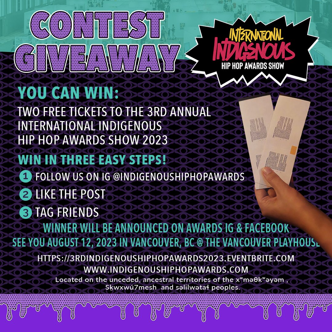 indigenousHHAS's tweet photo. CONTEST GIVEAWAY
3rd Annual International Indigenous Hip Hop Awards Show 2023
YOU CAN WIN:
TWO FREE TICKET TO THE 3RD ANNUAL
IIHHAS 2023
WIN IN THREE EASY STEPS!
1) Follow us on IG @indigenoushiphopawards
2) Like the post
3) Tag friends
WINNER WILL BE ANNOUNCED https://t.co/GyDdLvvnMq