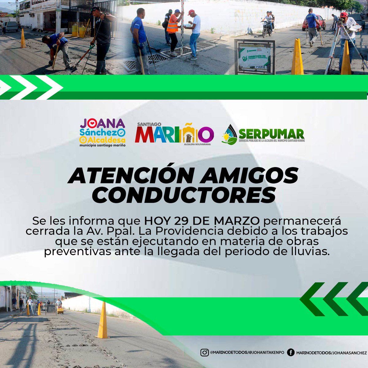 johanitakenpo's tweet photo. #29Mar Vecinos, vecinas y conductores; informo que hoy permanecerá cerrada la Av. principal La Providencia debido a los trabajos preventivos que estamos llevando a cabo en el marco del plan pre-lluvias @NicolasMaduro @Soykarinacarpio #CastigoALosCorruptos #CorruptosTrasLasRejas https://t.co/v5bBcU3NwM
