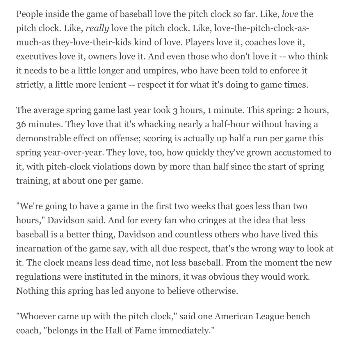 Tomorrow is Opening Day — and the beginning of the Pitch Clock Era. Rarely, if ever, does an $11 billion-a-year business redefine itself, but with players (mostly) onboard, the question becomes: Will fans embrace this new brand of baseball? Now at ESPN+: espn.com/mlb/insider/st…