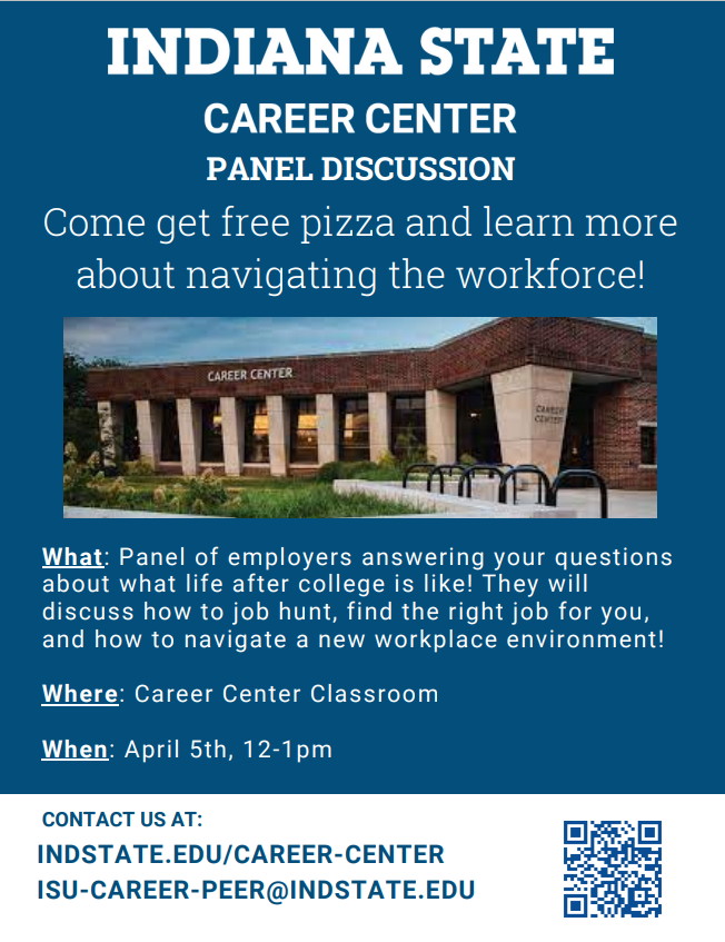 Join the Career Center for a Panel Discussion and Open House organized by the Career Center Peer Advisors April 5th! The panel of employers will answer questions starting at 12pm and an open house will follow after with FREE Insomnia Cookies! #ISUCareerCenter
